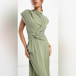 ASOS Linen high neck twist front midi dress in khaki